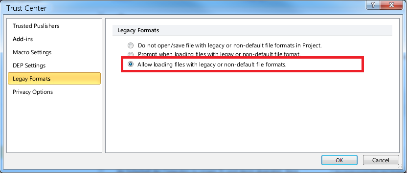 Files with legacy can only be loaded if this is allowed via the settings in MS Project 2010's Trust Center.