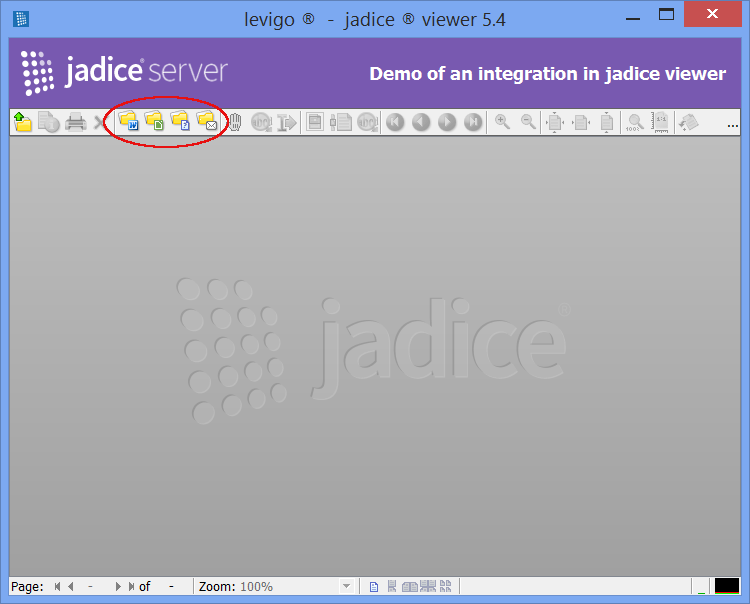 jadice viewer features four additional (example) buttons with which jadice server can be accessed to display unknown document formats.